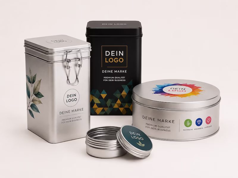 Bedruckte Blechdosen, Aluminiumdosen und Klick-Klack-Dosen mit Logo