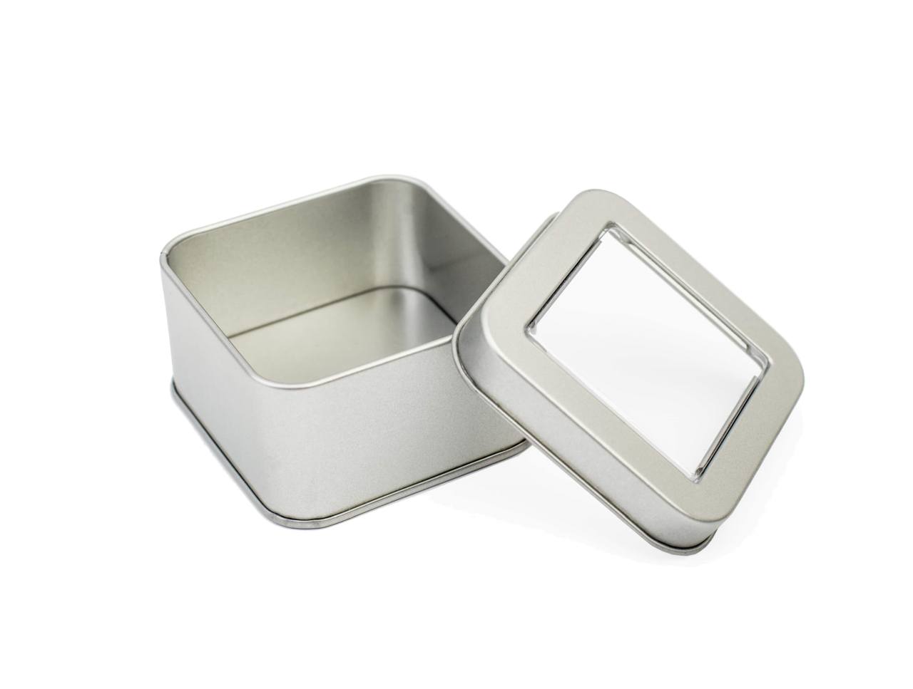 Quadratische Metalldose mit Sichtfenster Quadratische Metalldose mit Sichtfenster